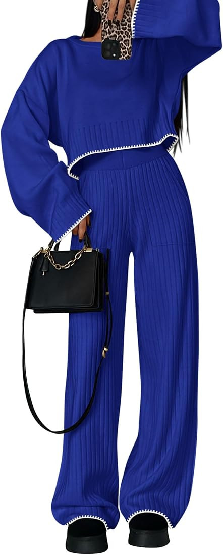 PRETTYGARDEN Women's 2 Piece Fall Outfits Long Sleeve Crop Top Wide Leg Pants Knit Pullover Sweat... | Amazon (US)