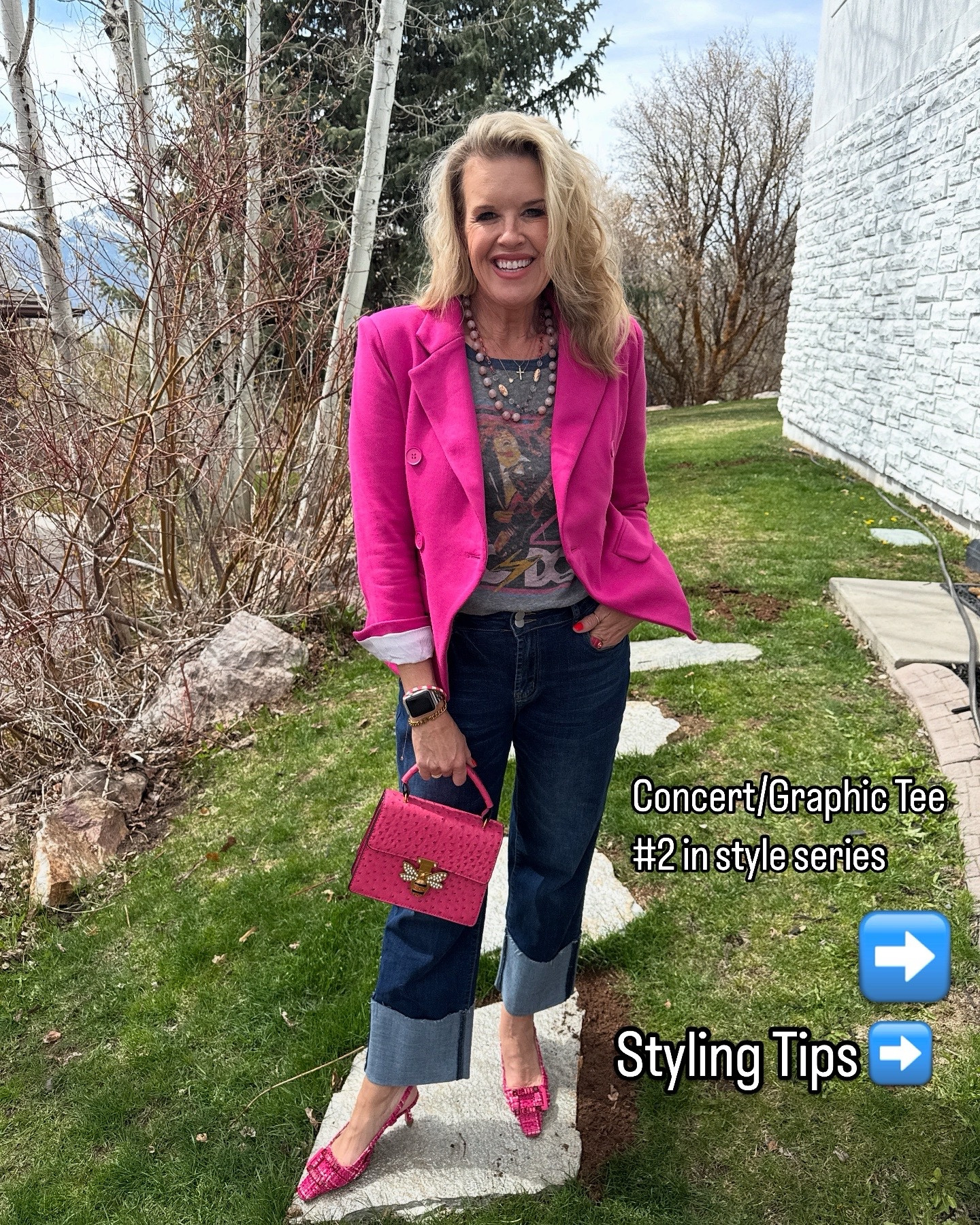 Concert tee styling
#2 outfit inspo in series

Gibsonlook double breasted blazer fits tts 

Save 10% off  with code DARCY10

Junk food AC/DC tee shirt tts 

Large cuff dark denim jeans tts
Affordable 

Tweed kitten heal by Madison Masion 

Pink bee bag in pink (log) linked similar 

Pink earring drop stuff 

Vintage bead 

#LTKStyleTip #LTKOver40 #LTKSaleAlert