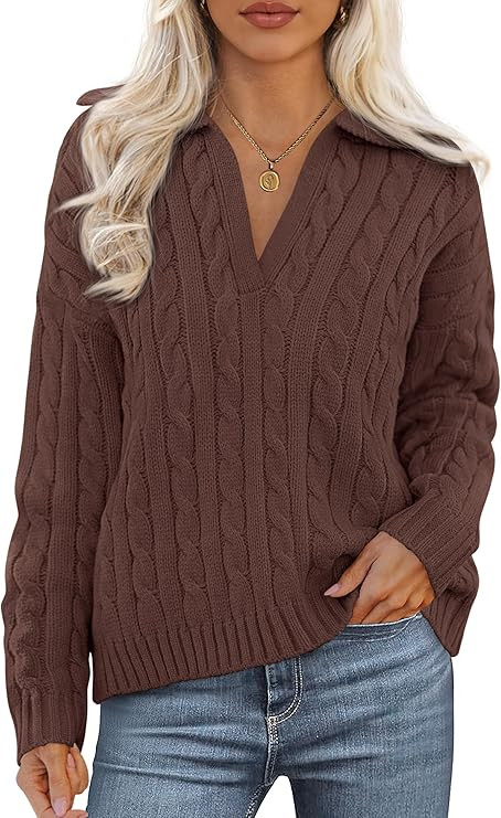 PRETTYGARDEN Fall Cable Knit Sweaters for Women 2025 Long Sleeve Loose Chunky Polo V Neck Sweater... | Amazon (US)