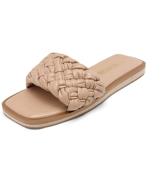 DREAM PAIRS Women's Square Open Toe Slide Sandals Cute Slip on Braided Strap Rhinestone Flat Sand... | Amazon (US)