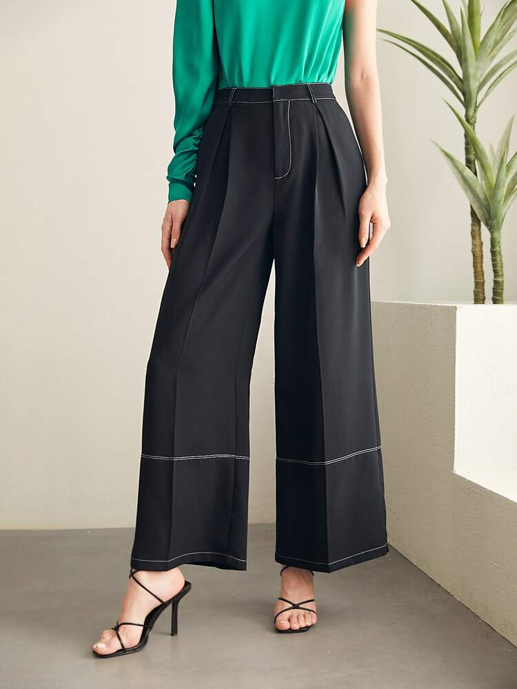 SHEIN Top-stitching Fold Pleated Wide Leg Pants | SHEIN