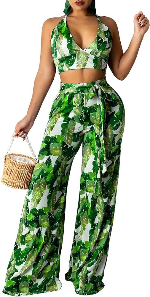 Women's Summer 2 Piece Outfits Sexy Tube Crop Tops Wide Leg Long Pants Sets with Pockets | Amazon (US)