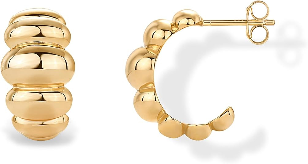 PAVOI 14K Gold Plated Ribbed Hoop Earrings for Women - Chunky Ridge Statement Earrings - Boho Puf... | Amazon (US)