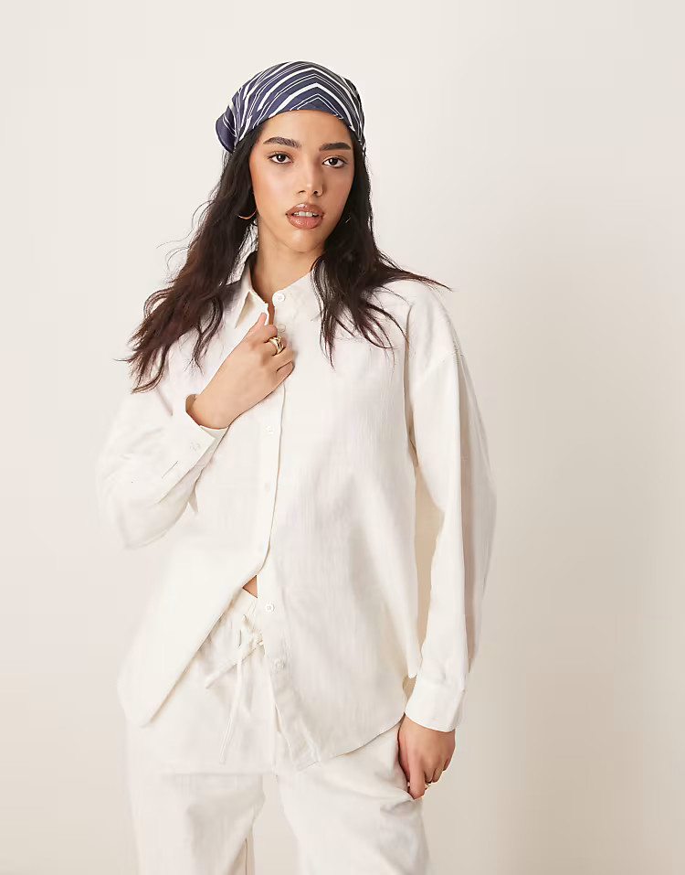 ASOS DESIGN linen look shirt and pull on trousers co-ord in off white | ASOS (Global)