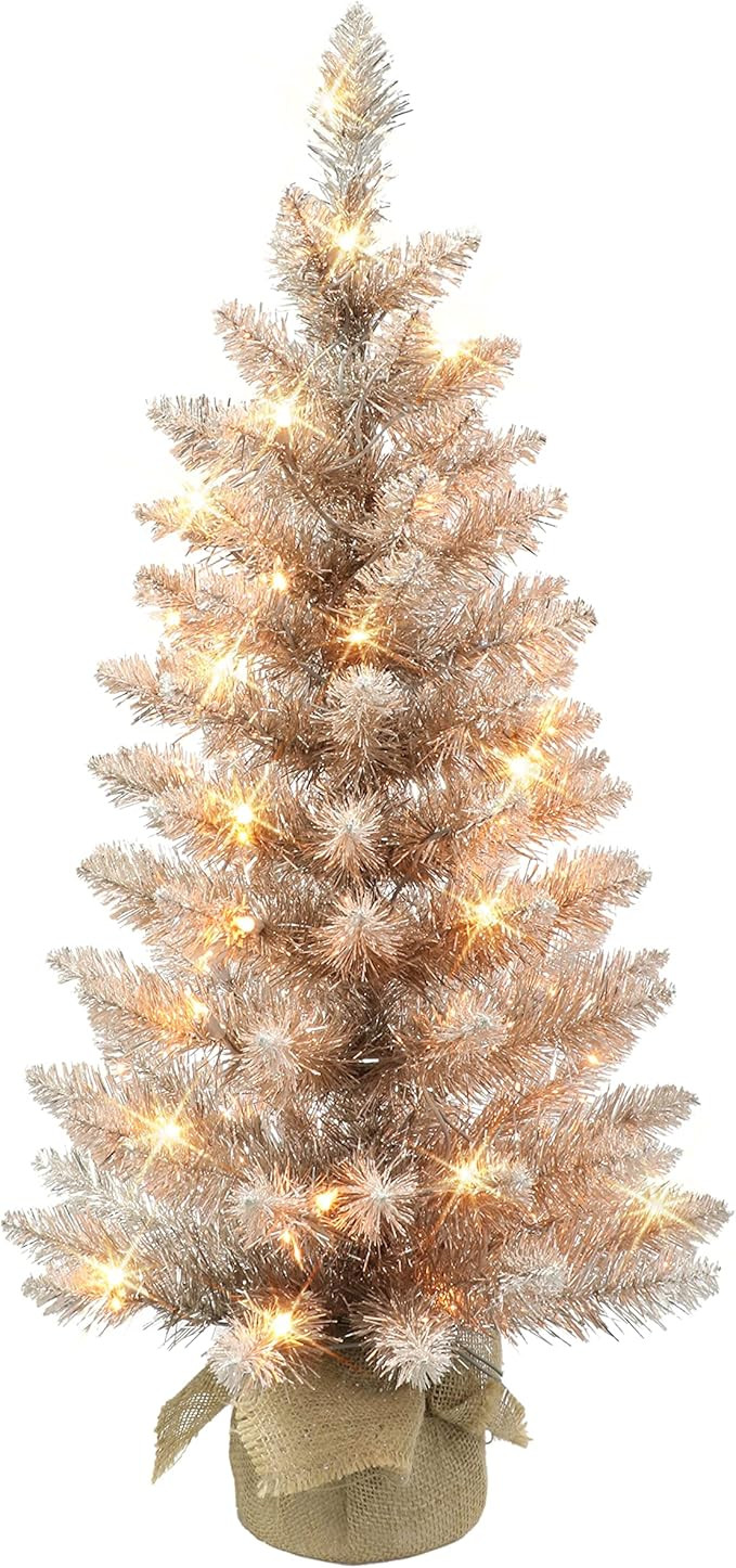 3 ft Pre-lit Rose Gold Tree, 97 Tips, 50 UL Clear Incandescent Lights, Burlap Base | Amazon (US)
