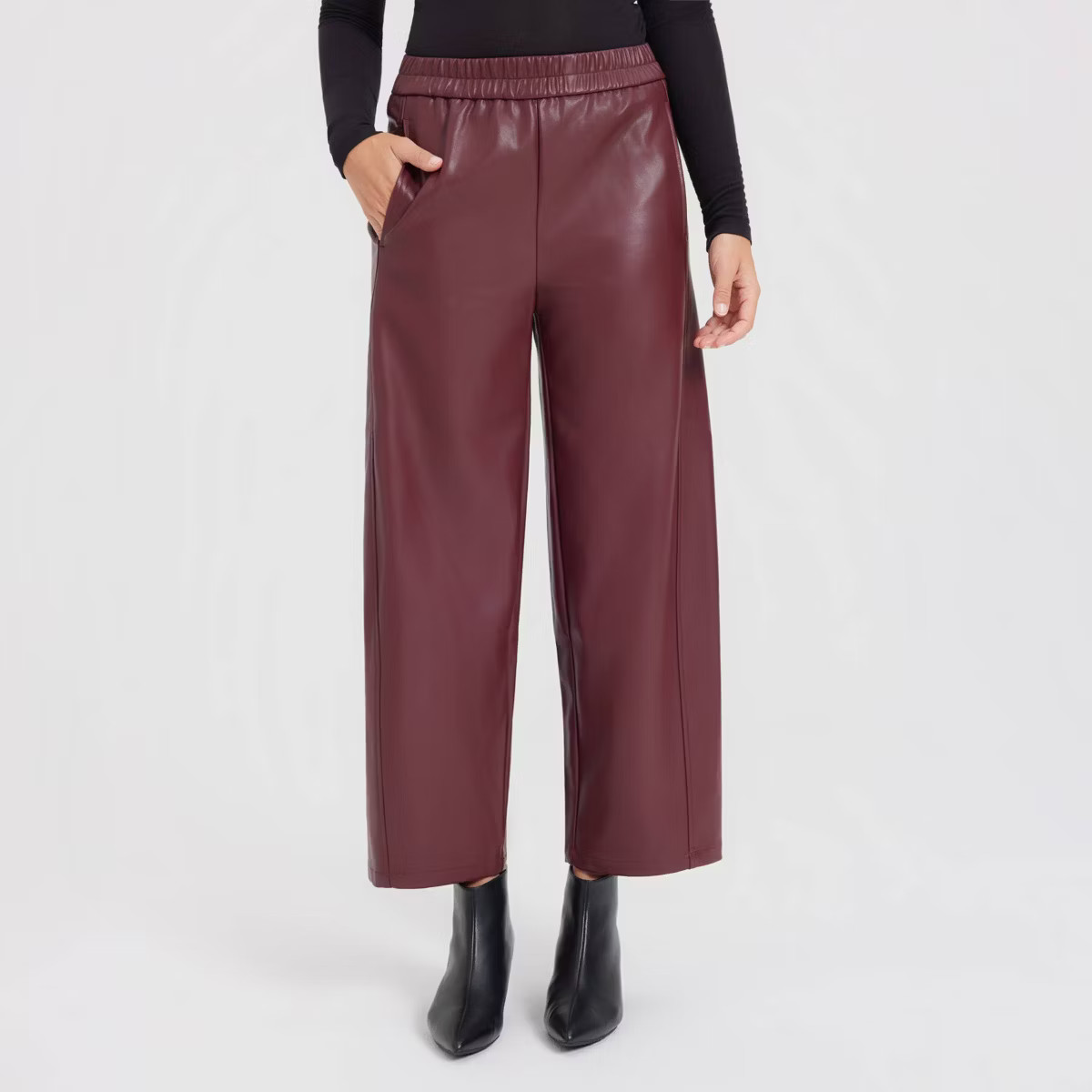 Women's Mid-Rise Barrel Leg Faux Leather Pull-On Pants - A New Day™ Burgundy XS | Target