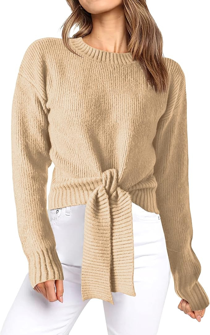 Okiwam Women's Long Sleeve Cropped Knit Sweater Tie Front Crew Neck Solid Color Ribbed Pullover 2... | Amazon (US)