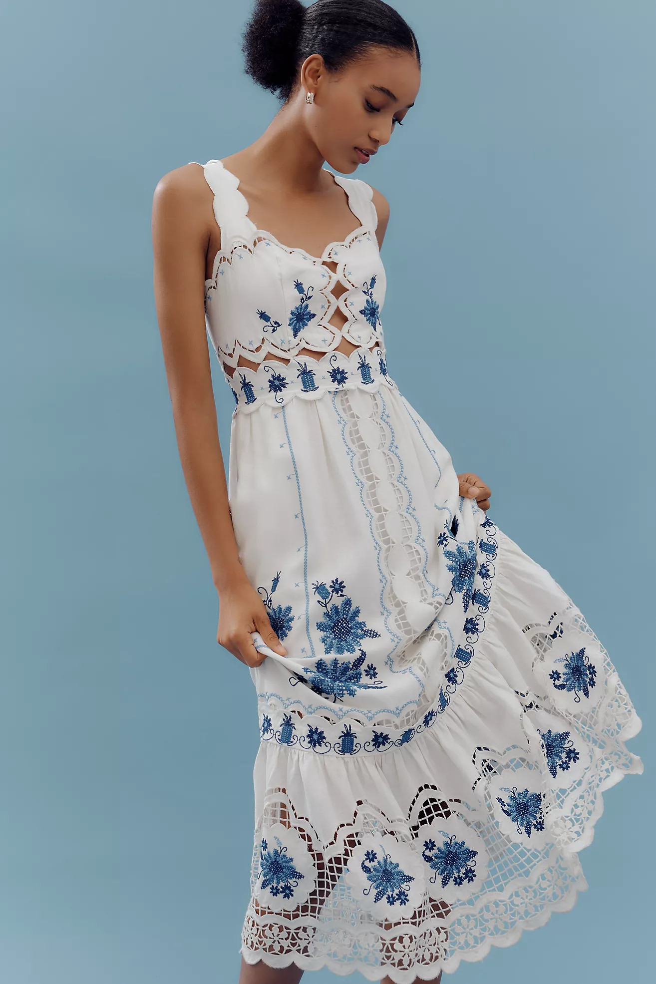 Farm Rio Cross-Stitch Richelieu Linen Blend Dress | Anthropologie (US)