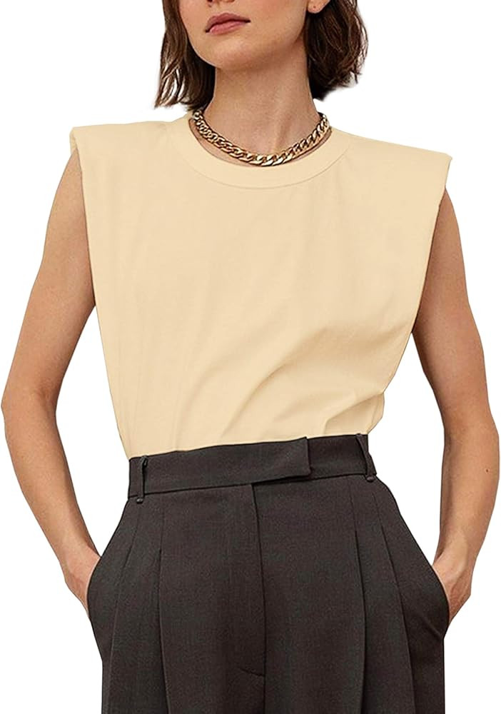 Meladyan Women’s Solid Cotton Padded Shoulder Sleeveless Tee Vest Crew Neck Loose Tank Tops | Amazon (US)