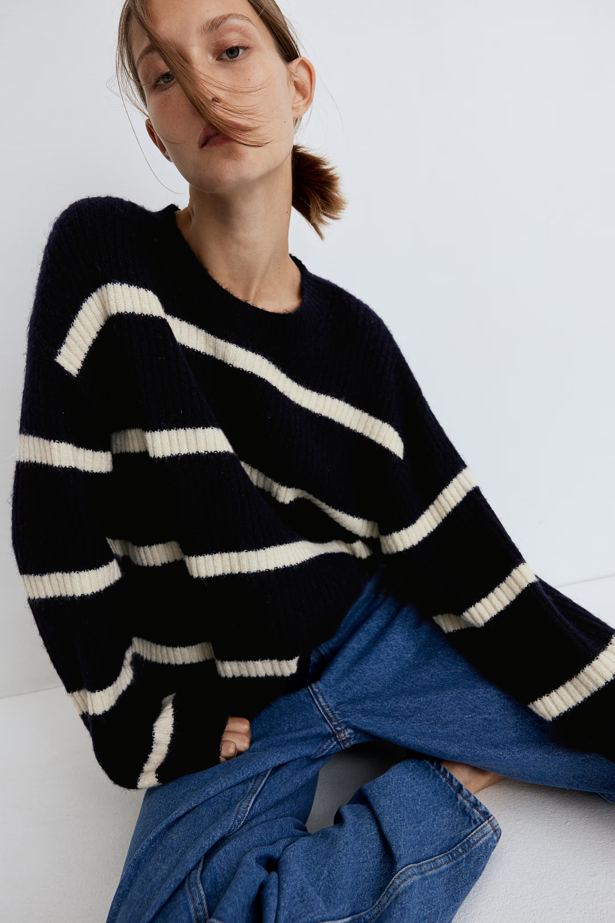 Rib-knit Sweater - Round Neck - Long sleeve - Navy blue/striped - Ladies | H&M US | H&M (US + CA)