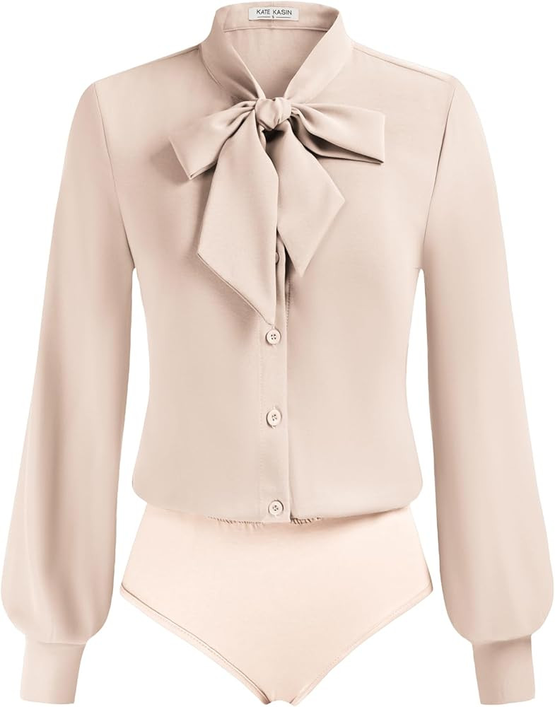 Kate Kasin Women Bow Tie Neck Office Blouse Button Down Long Sleeve Bodysuits Blouse Top | Amazon (US)