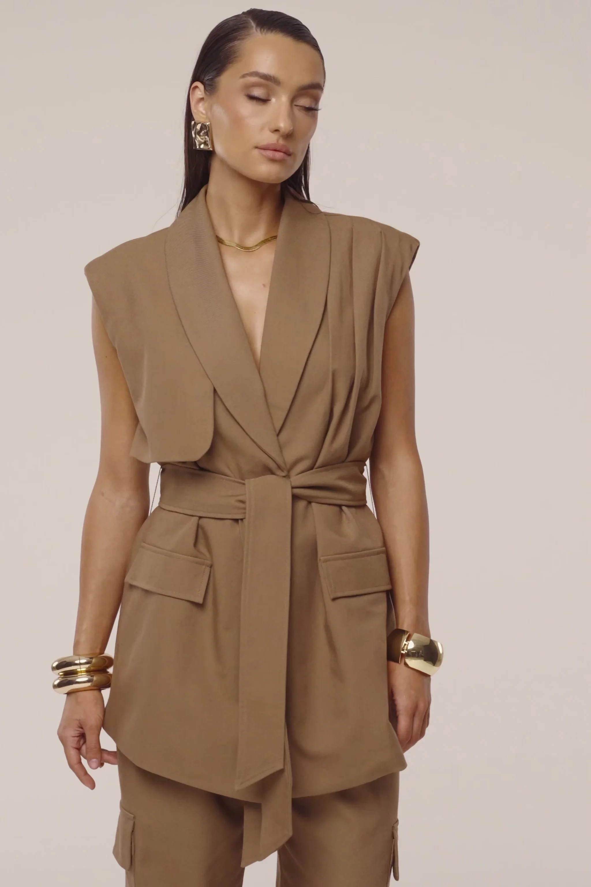 Tan Jeanie Belted Vest | JLUXLABEL