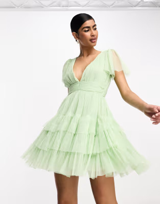 Lace & Beads Bridesmaid Madison v neck tulle mini dress in sage | ASOS | ASOS (Global)