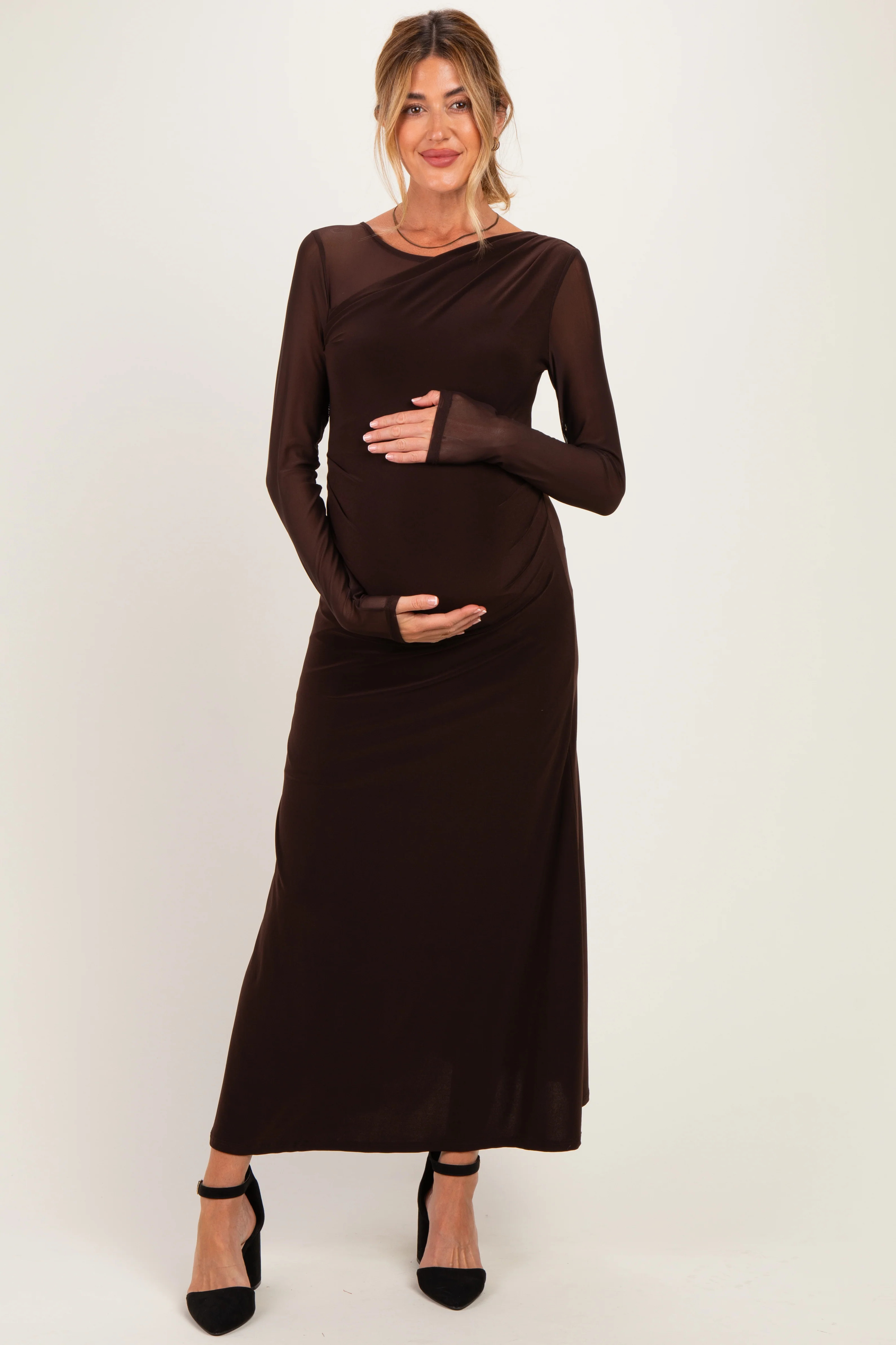 Dark Brown Draped Neckline Mesh Long Sleeve Maternity Midi Dress | PinkBlush Maternity