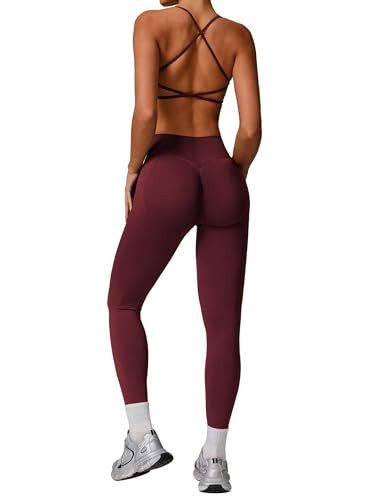 ABOCIW Workout Sets for Women 2 Piece Seamless Backless Sports Bra Scrunch Butt Lifting High Waist Leggings Gym Set Wide Red X-Large | Amazon (US)