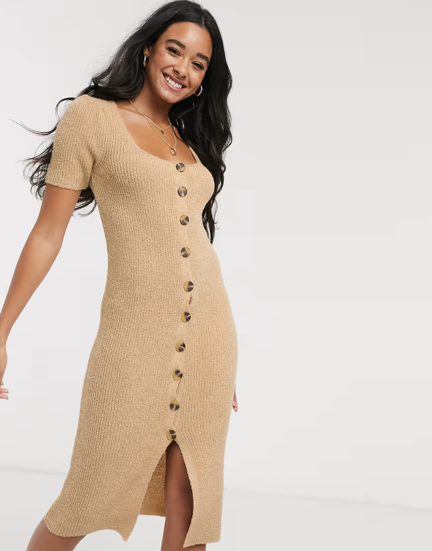 ASOS DESIGN - Vestito midi con bottoni in filato effetto naturale-Beige | ASOS (Global)