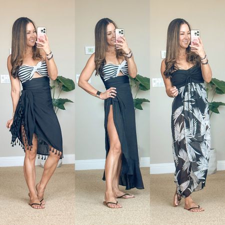 Swim cover up wrap skirt in short and long lengths. Swim coverup dress, strapless one piece swimsuit with cutout size small TTS has a strap.  Packable, crushable sun hat.  resort wear | cruise outfit | beach vacation outfit 

#LTKswim #LTKunder50 #LTKstyletip