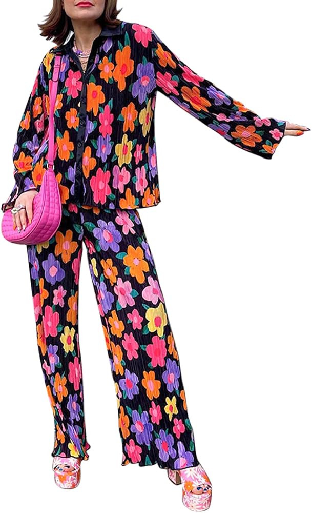 ABYOVRT Pleated 2 Piece Outfits for Women Long Sleeve Oversized Button Down Shirt Wide Leg Pants ... | Amazon (US)