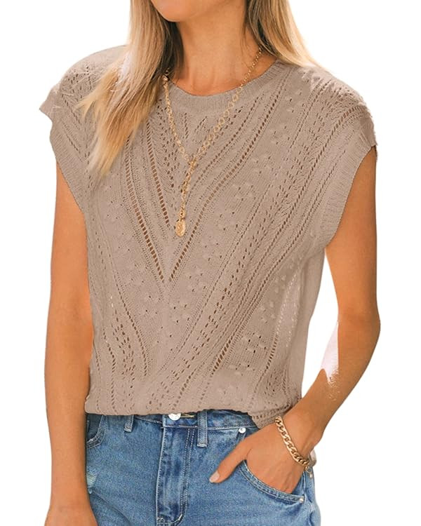 Langwyqu Womens Cap Sleeve Tops Summer Crew Neck Shirt Lightweight Crochet Knit Sweater | Amazon (US)