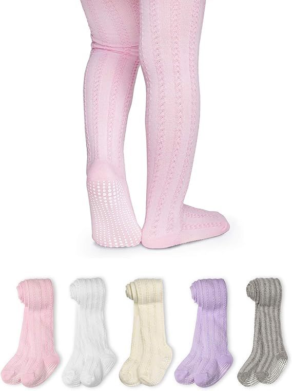 LA ACTIVE Baby Girls Tights - Cozy Warm Cotton Cable Knit Winter Tights - Non-Skid Grip - Toddler... | Amazon (US)