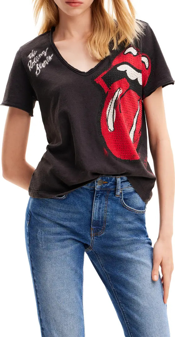 Desigual Rolling Stones Rhinestone Embellished Cotton Graphic T-Shirt | Nordstrom | Nordstrom