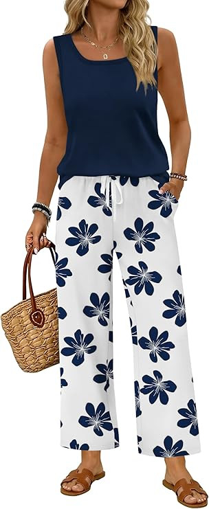 WIHOLL Two Piece Sets for Women Summer Spring Outfits Tank Square Neck Sleeveless Travel Vacation... | Amazon (US)
