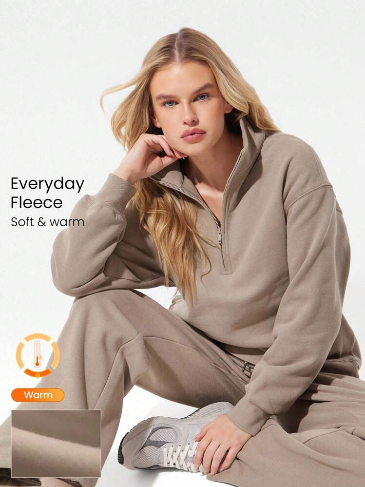 GLOWMODE Everyday Fleece Loose Hip Length Half-Zip Long Sleeve Sweatshirt With Side Pockets Daily Casual Fall Winter Fall Winter | SHEIN