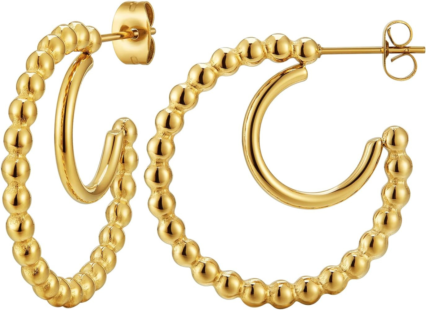 Gold Double Hoop earrings for women, 14K Gold Plated Chunky Hoop Earrings Stainless Steel Jewelry... | Amazon (US)