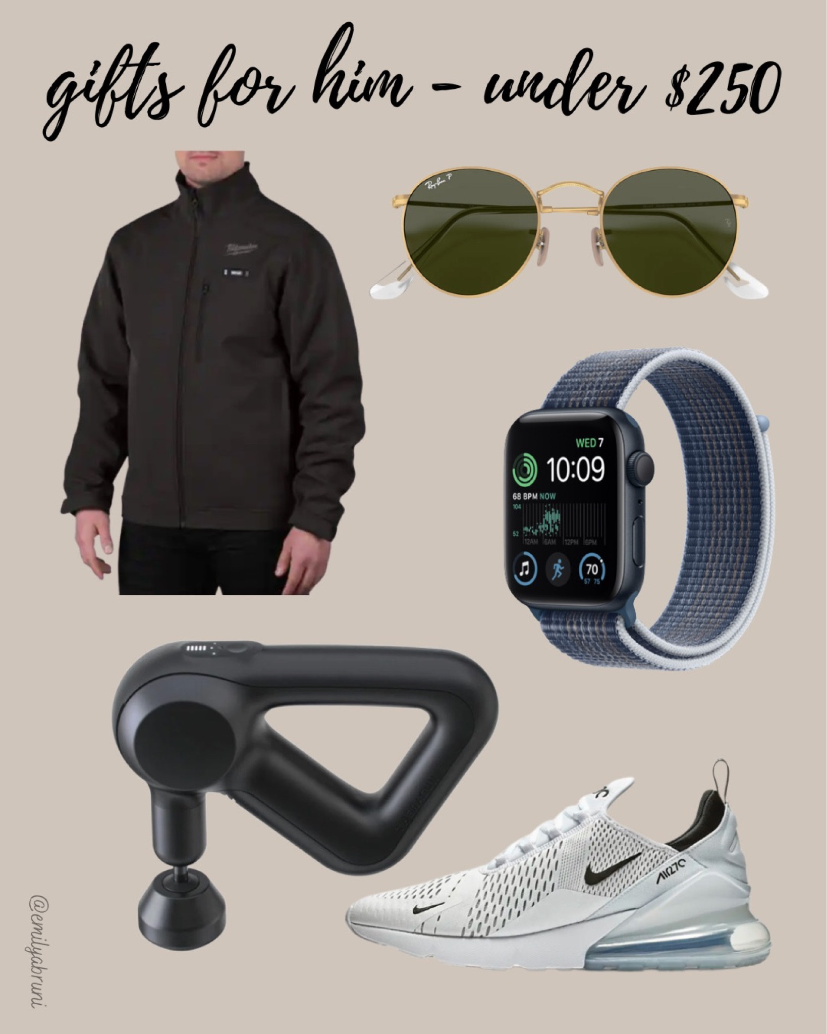 Gifts for him under $250!

- heated jacket
- rayban sunglasses
- therabody massage gun
- Apple Watch SE
- Nike shoes

#LTKCyberweek #LTKGiftGuide #LTKsalealert