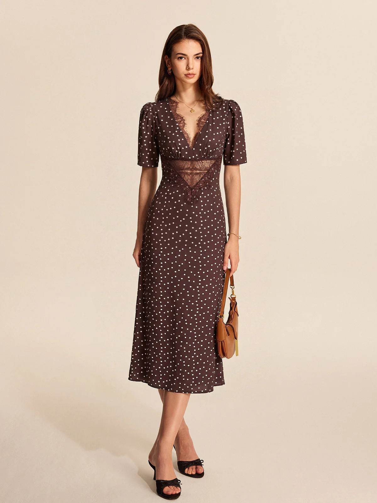 Lace Panel Polka Dot Short Sleeve Maxi Dress | Commense