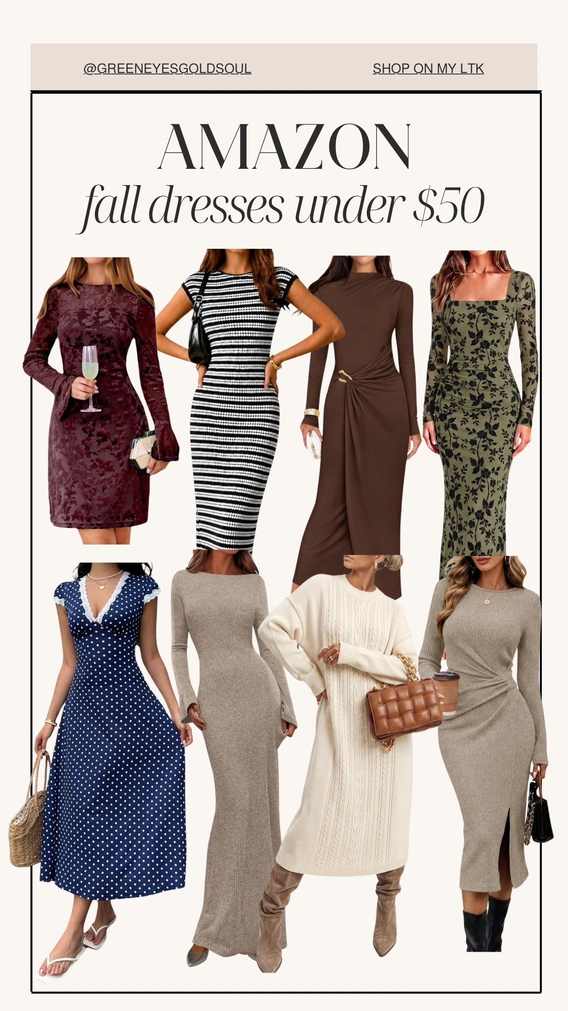Amazon fall dresses under $50 🍂🤎 I found so many pretty options for the season without the higher price tag! Think chocolate brown, burgundy, olive, cozy sweater dresses and classic prints that work for fall dinners, date nights, work and weekend plans.

Amazon fall dresses, fall dresses under $50, Amazon dresses under $50, affordable fall dresses, fall dresses for women, Amazon fall fashion, fall outfit ideas, sweater dress, fall midi dress, long sleeve fall dress, chocolate brown dress, burgundy dress, olive green dress, floral fall dress, striped dress, polka dot dress, fall date night dress, fall work dress, fall wedding guest dress, Amazon fashion finds, affordable fall fashion

#AmazonFashion #AmazonFinds #FallDresses #FallFashion #FallOutfits #AffordableFashion

#LTKSeasonal #LTKootd #LTKWorkwear