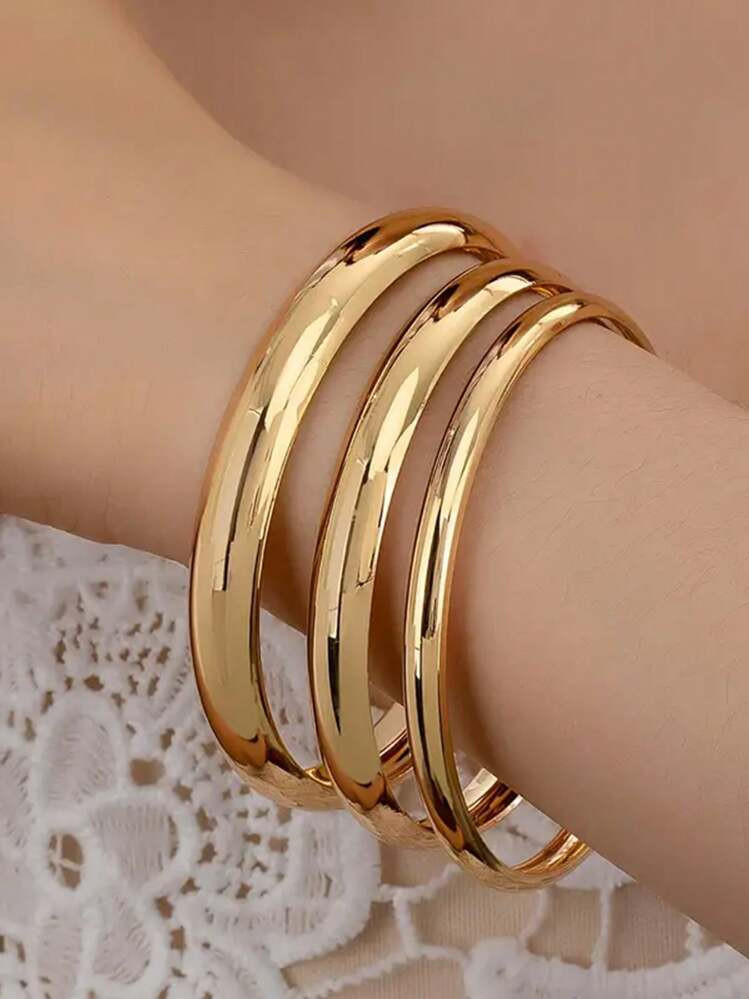 3pcs Metal Bohemian Style Smooth Bangle Bracelets Set, Gold Simple Layered Cuff Wrist Accessories... | SHEIN