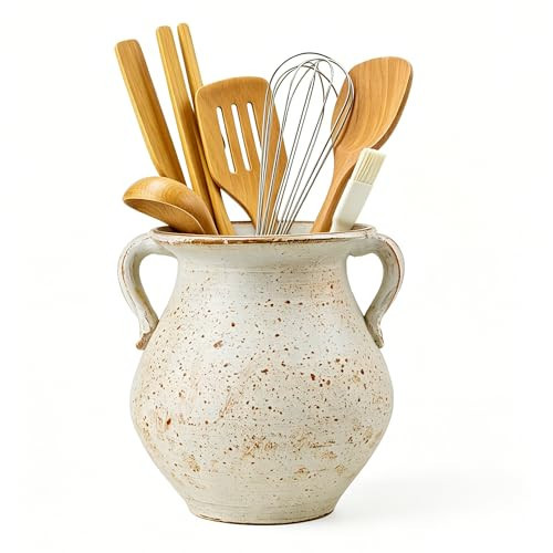 OOXYG Rustic Kitchen Utensil Holder for Countertop, 7.6x4.9In Large Ceramic Cooking Utensil Crocks for Countertop, with Non-slip Pads, Morden Farmhouse Vintage Kitchen Counter Decor | Amazon (US)
