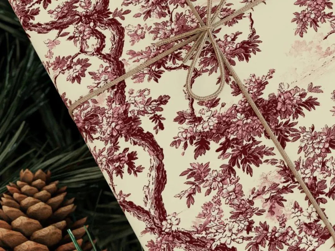 Burgundy Toile De Jouy Wrapping Paper Roll Cottagecore Christmas Gift Wrap Farmhouse Vintage Styl... | Etsy (US)