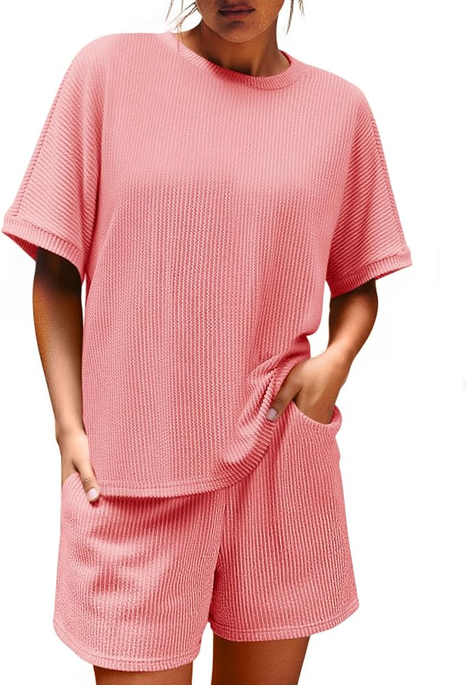 Imily Bela Womens 2 Piece Outfits 2025 Oversized Summer Short Sets Casual Beach Ribbed Short Slee... | Amazon (US)