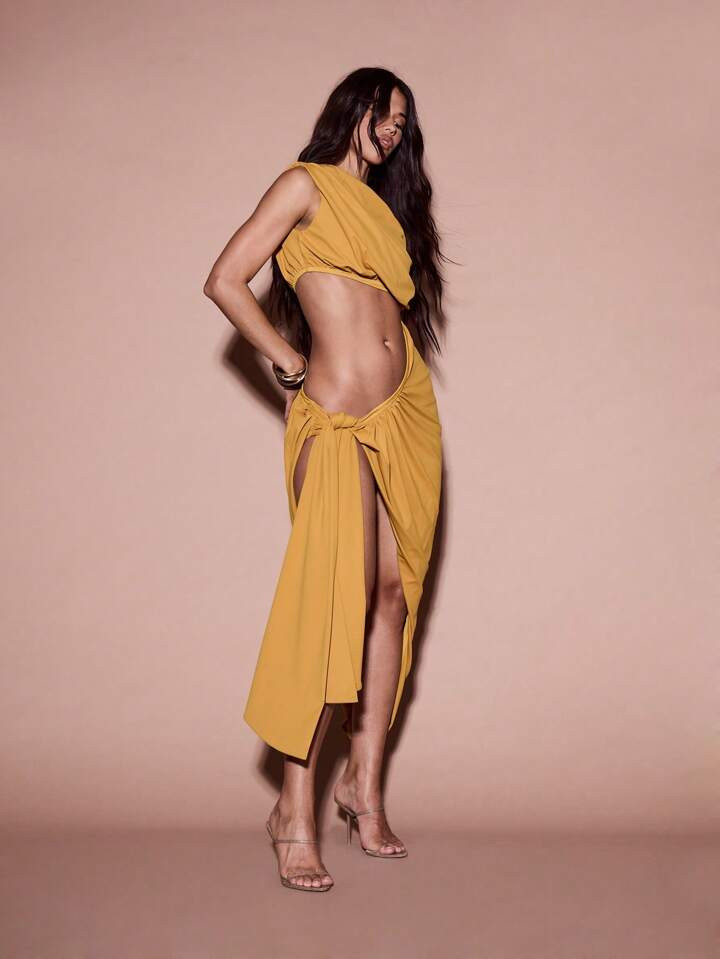 KIZN Elegant Cut-Out Drape Midaxi Dress Sleeveless Summer Evening Party Special Occasion Side Slit Gathered Detail Statement Glamorous Design,Summer Dresses For Women | SHEIN