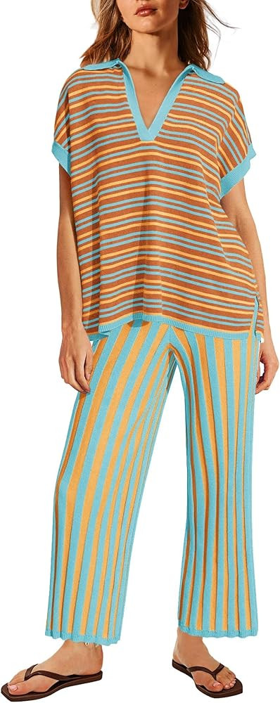 ReachMe Womens Summer Lounge Sets 2 Piece Travel Outfits Striped Pajamas Short Sleeve Shirts and ... | Amazon (US)