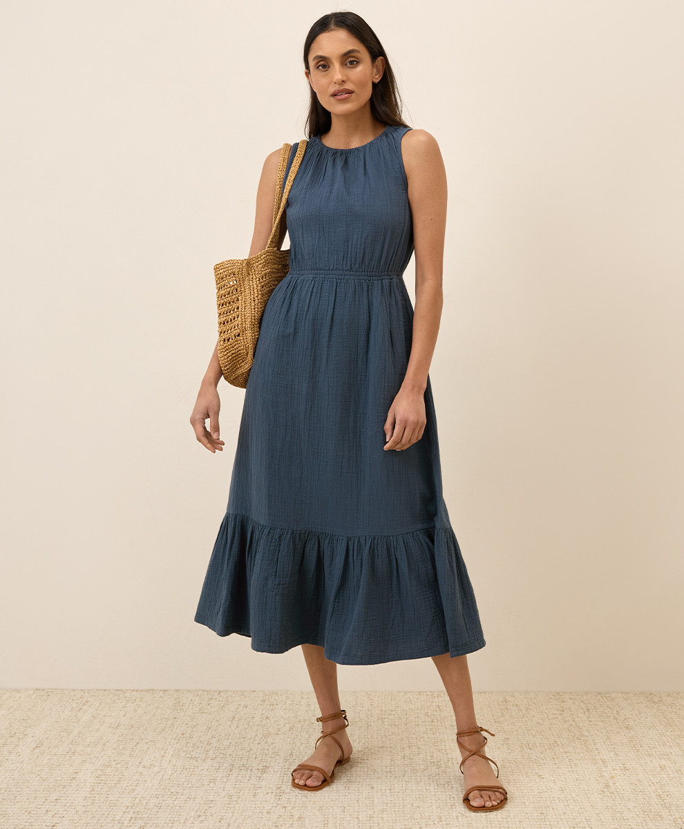 Women's French Navy Coastal Double Gauze Tiered Midi Dress M | Pact Apparel