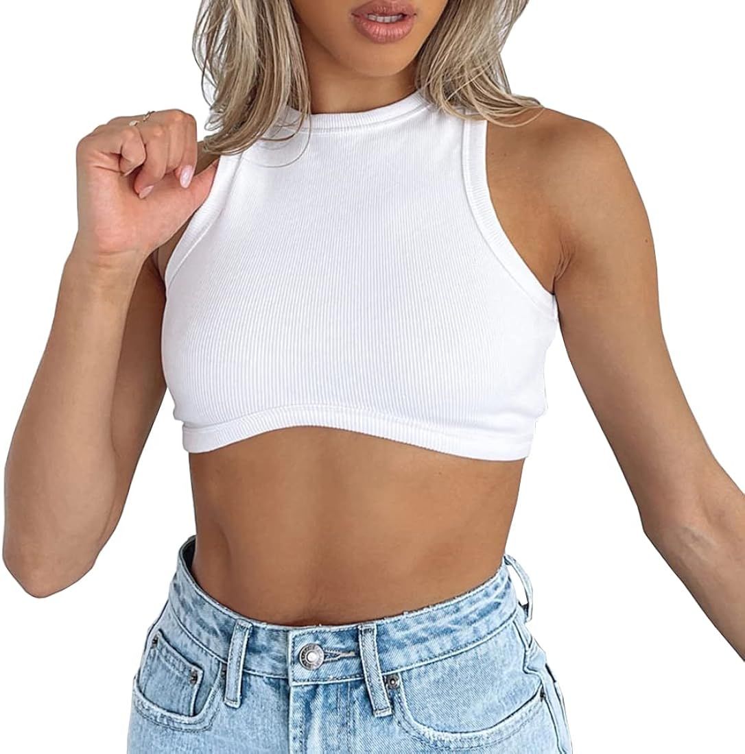 Dwnval Sexy Sleeveless Crewneck Ribbed Knitted Tank Crop Tops for Women | Amazon (US)