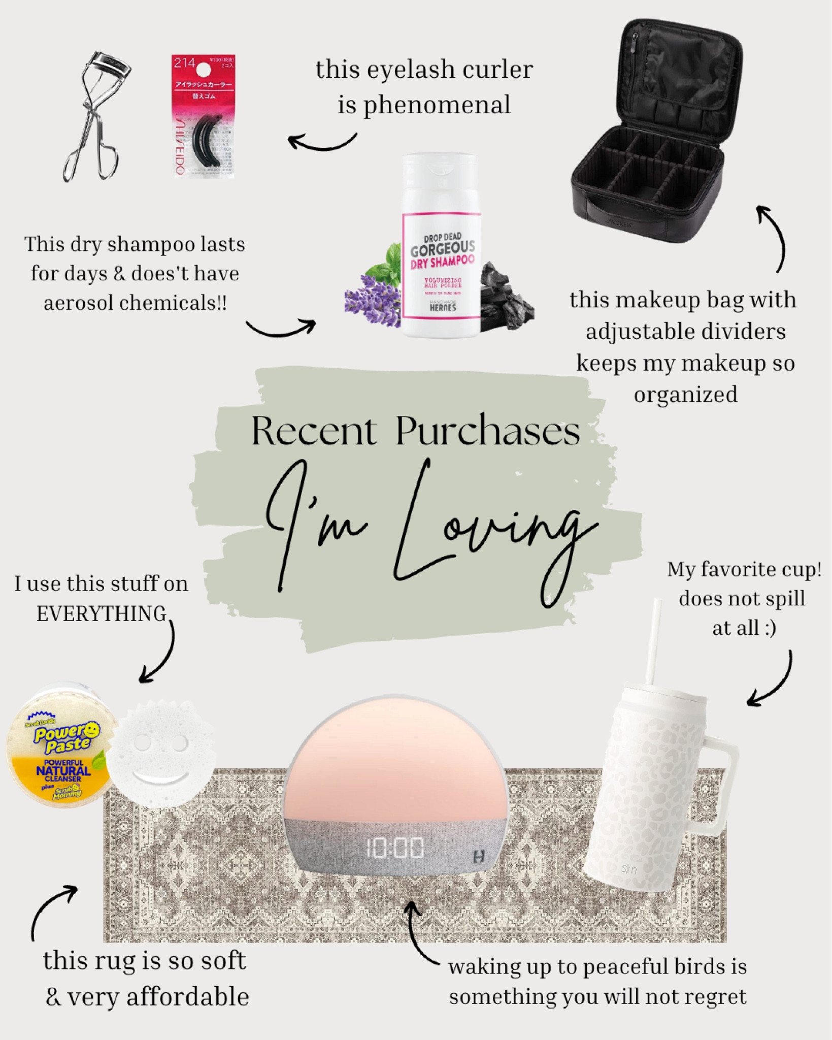 Recent purchases im loving and why! 
Hatch Alarm, Simple Modern, Chemical Free Dry Shampoo, Makeup Bag, Travel Makeup Bag, Affordable Rug, Runner Rug

#LTKbeauty #LTKtravel #LTKhome