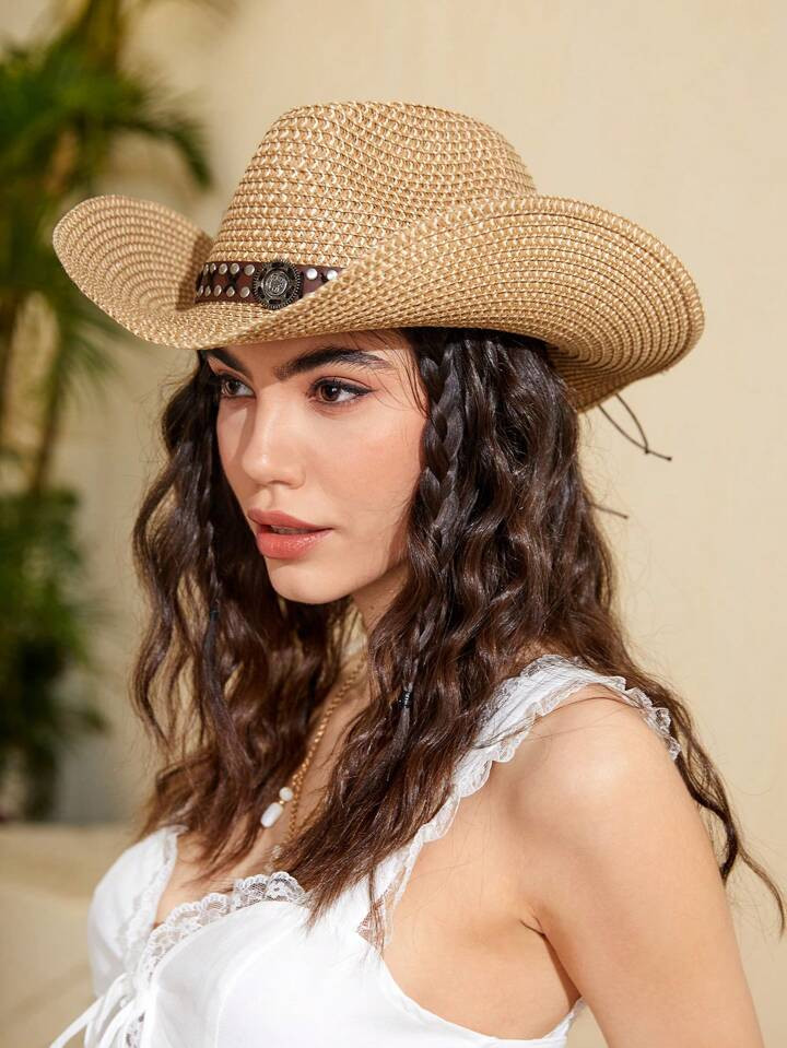 SHEIN VCAY 1pc Women Tape & Studded Decor Straw Cowboy Hat For Daily Life | SHEIN