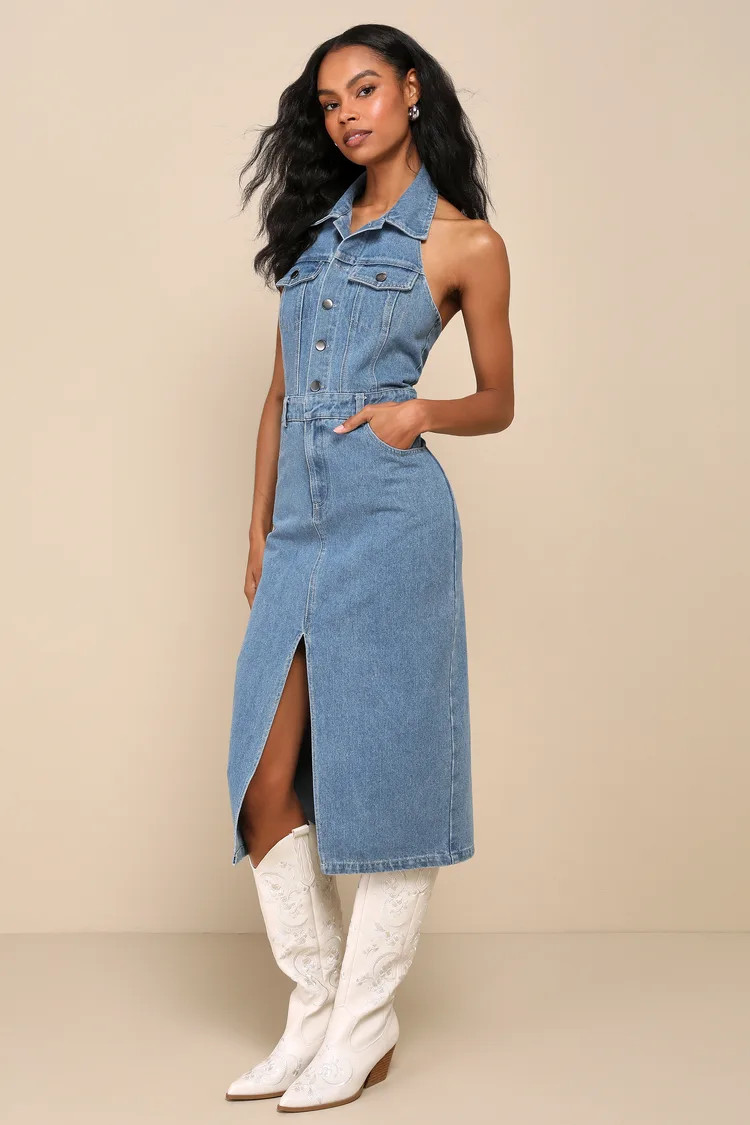 Iconic Occasion Medium Wash Denim Halter Midi Dress With Pockets | Lulus