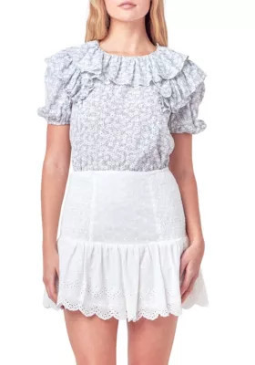 Free The Roses Women's Floral Print Ruffle Top with Puff Sleeves, Large | Belk