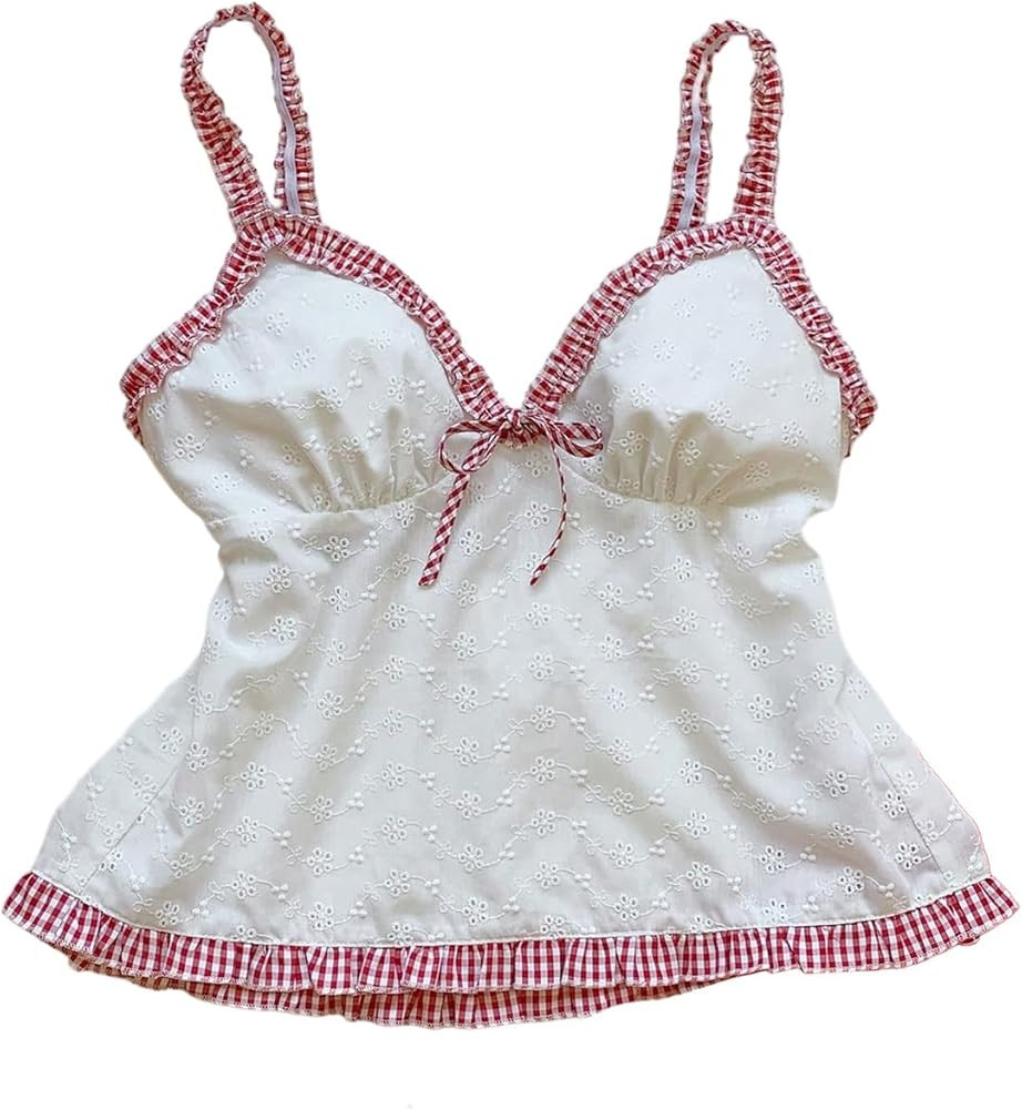 RoseSeek Women's Cute Plaid Trim Camisole Tops Bow Front Spaghetti Strap Peplum Tops | Amazon (US)