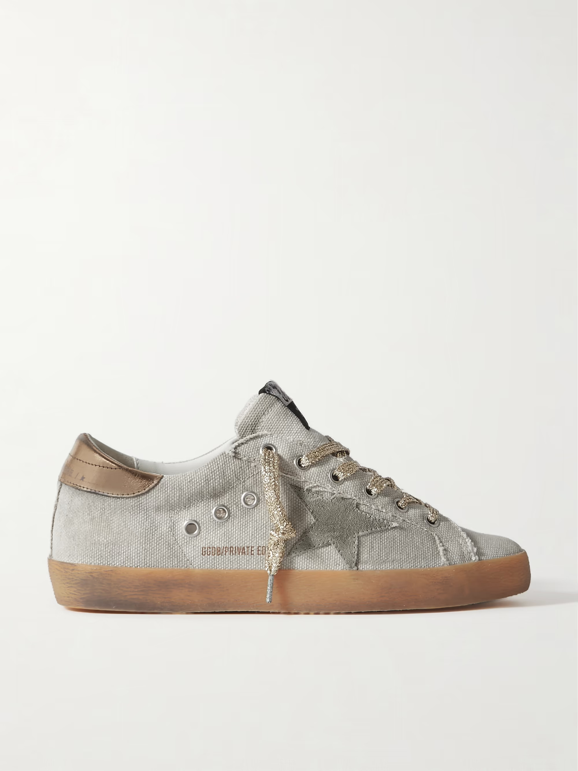 Super-Star suede and metallic leather-trimmed distressed canvas sneakers | NET-A-PORTER (UK & EU)