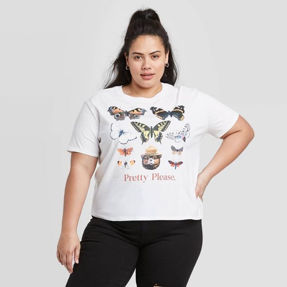 Women's Smokey Bear Plus Size Butterfly Short Sleeve T-Shirt (Juniors') - Cream | Target