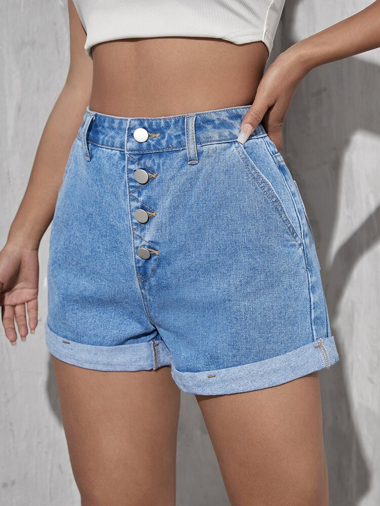Button Detail Roll Up Hem Denim Shorts | SHEIN