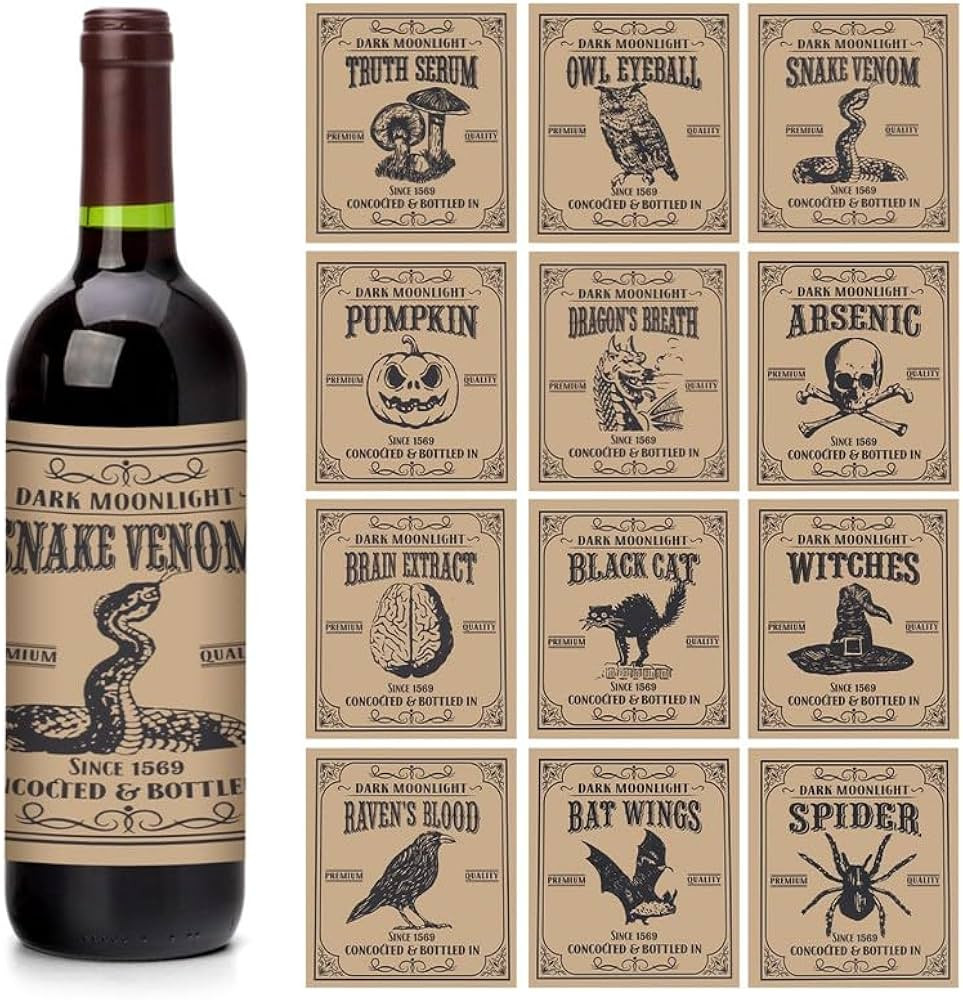 Fuyamp 12 Pieces Halloween Wine Bottle Stickers Decorations Vintage Bottle Labels Potion Bottles ... | Amazon (US)