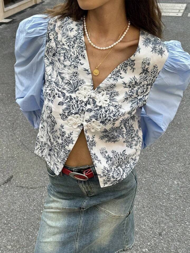 SHEIN Frenchy Women's Cotton Casual Colorblock Floral Print Puff Sleeve Blouse, Tops With Sleeves... | SHEIN