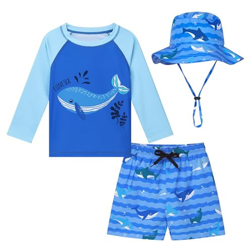 AlisOker Toddler Baby Boys 3-Piece Swimsuit UPF 50+ Rashguard Trunk Sun Hat Set Long Sleeve Bathing Suit for Summer Beach | Amazon (US)